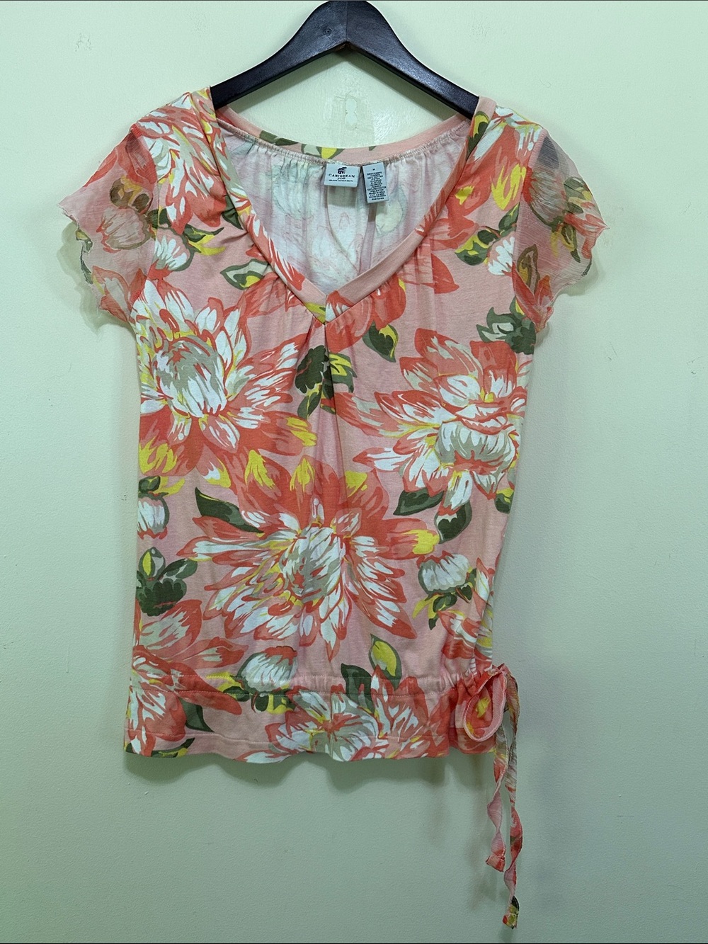 Caribbean Joe Coral Floral V-Neck Short Sleeve Top with Side Tie